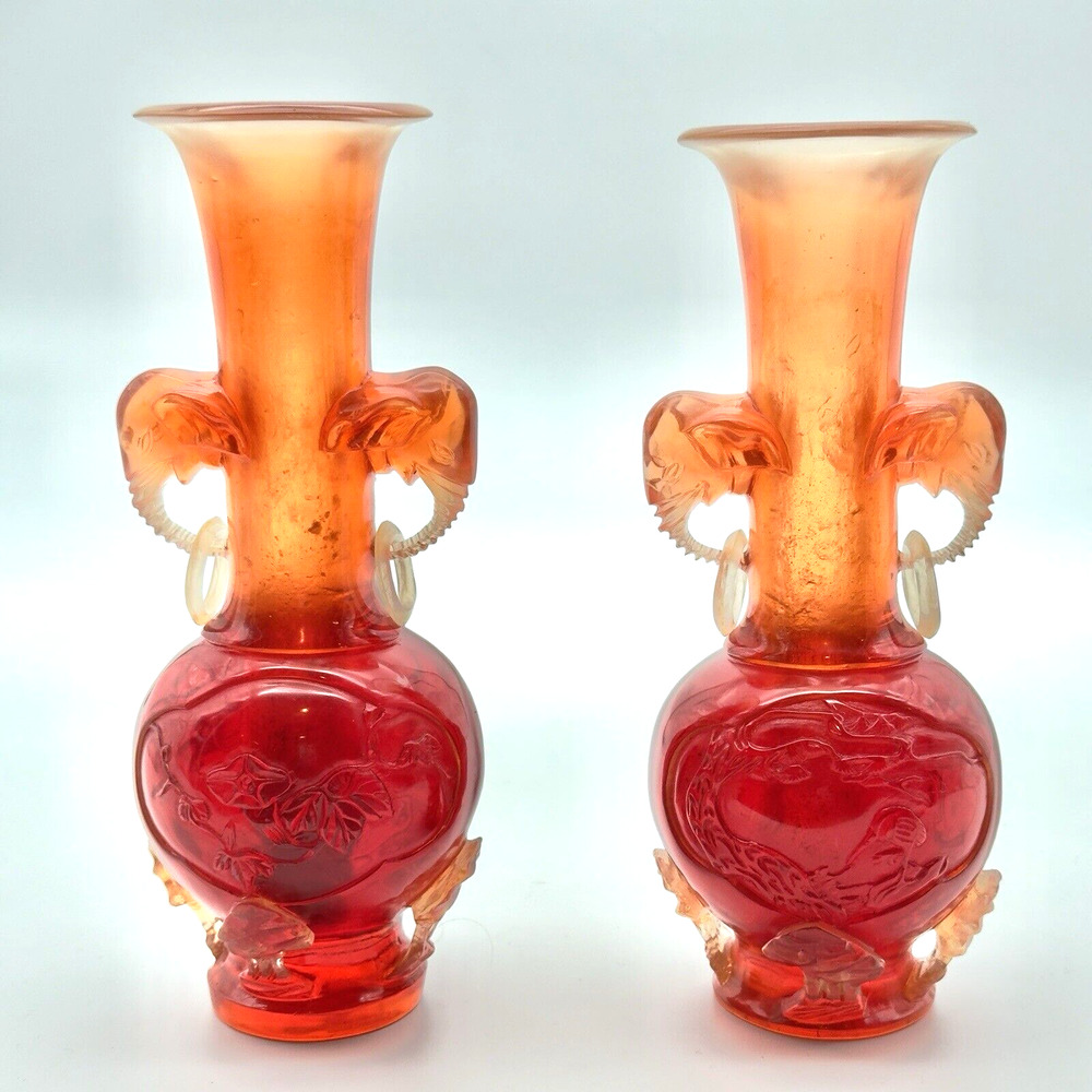 Vintage Chinese Resin Hand Carved Amberina Red Vase Pair Elephant Asian 8.5" 90s